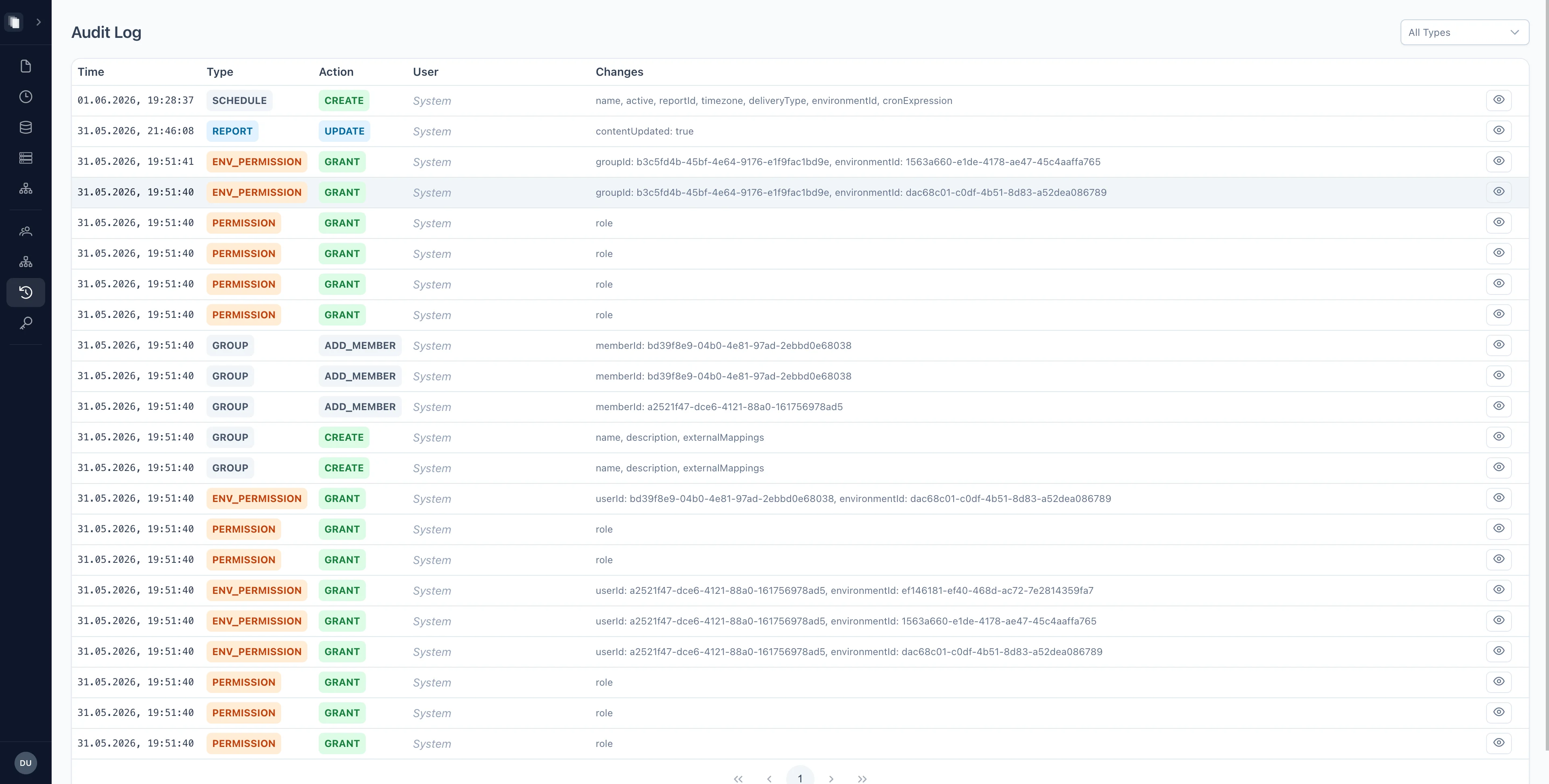 Audit log with timestamped entries for all user actions