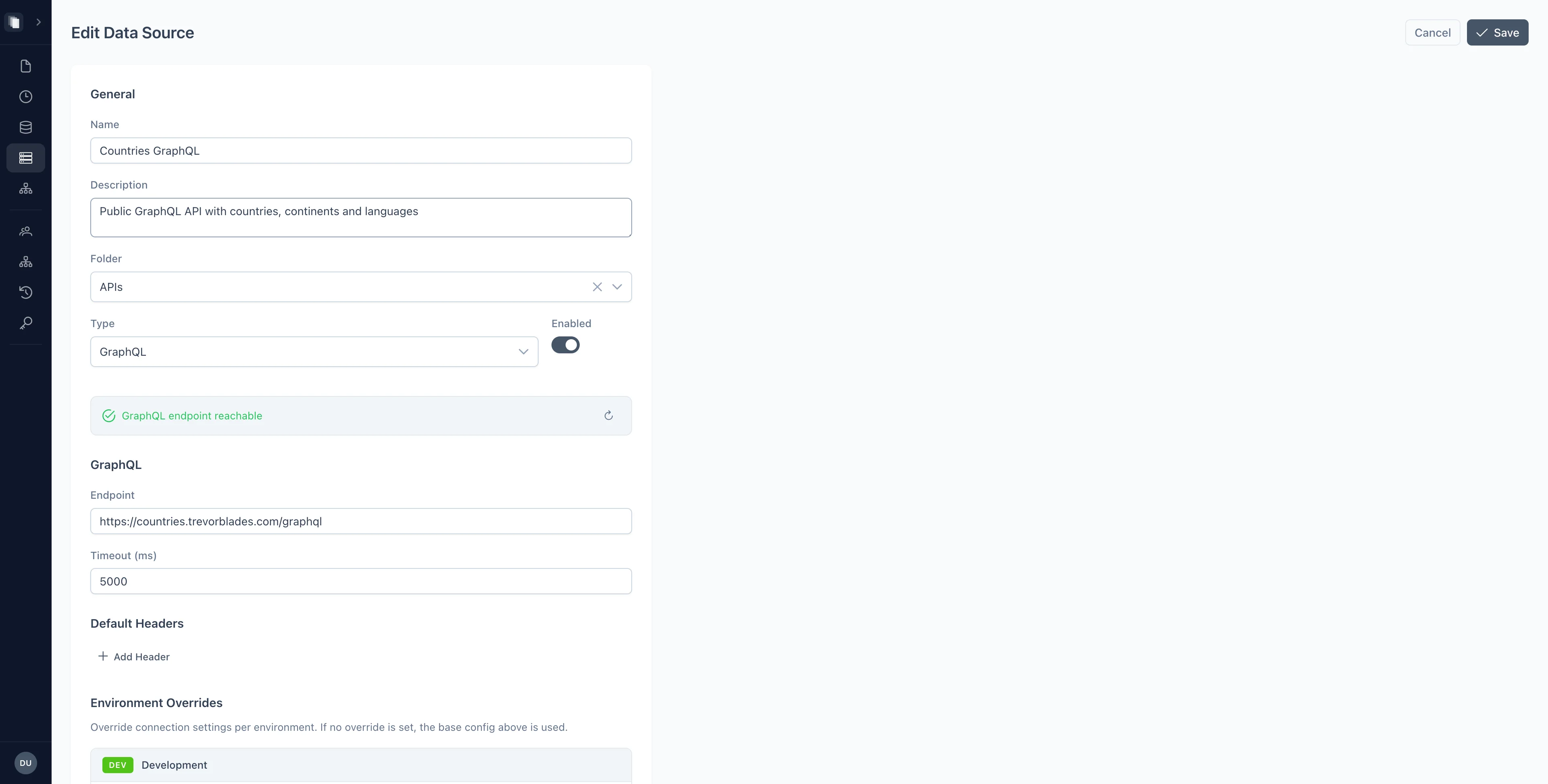Data source editor with GraphQL endpoint configuration and connection test