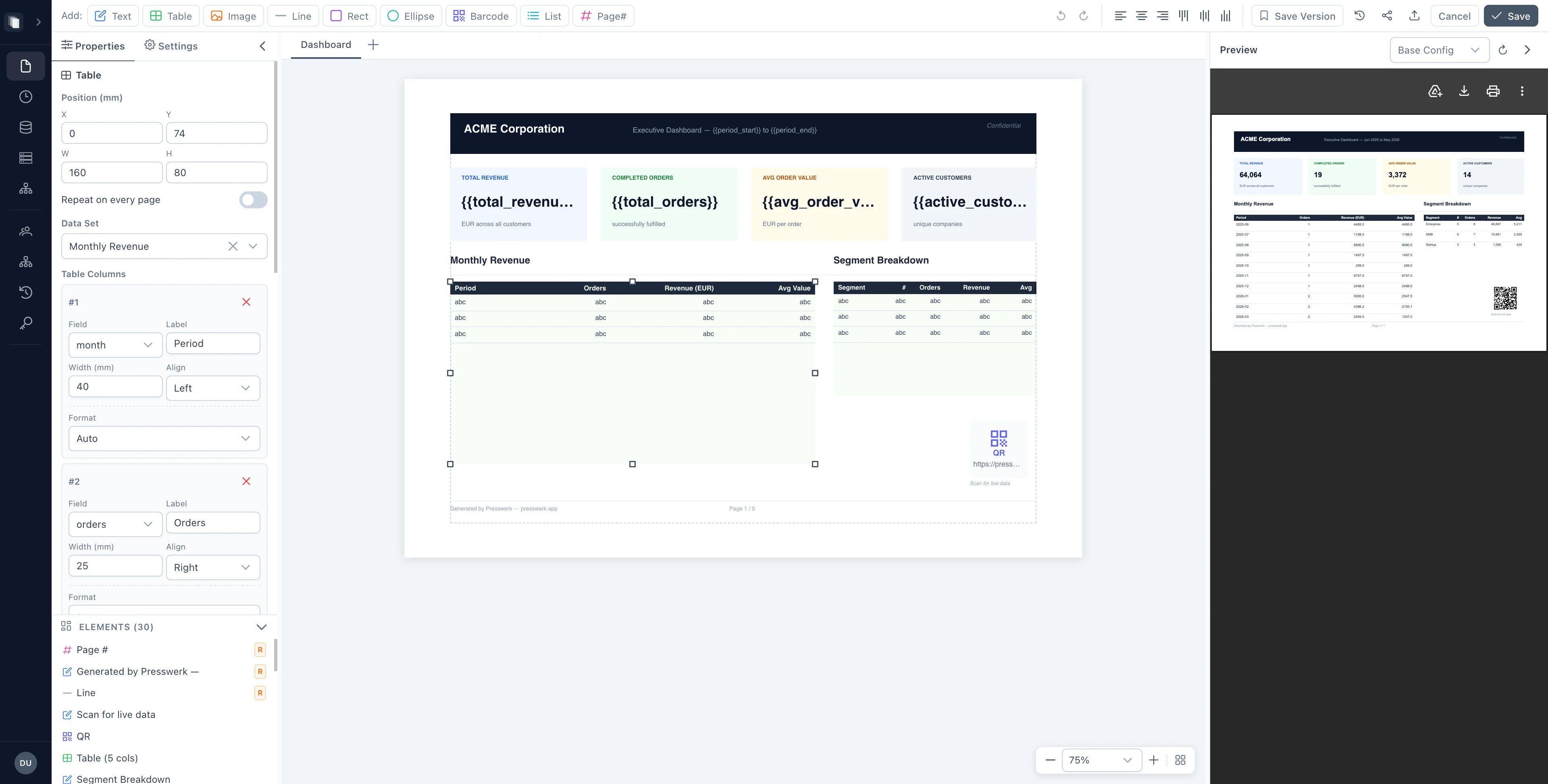 Presswerk report designer with canvas, toolbar, data binding, and live preview