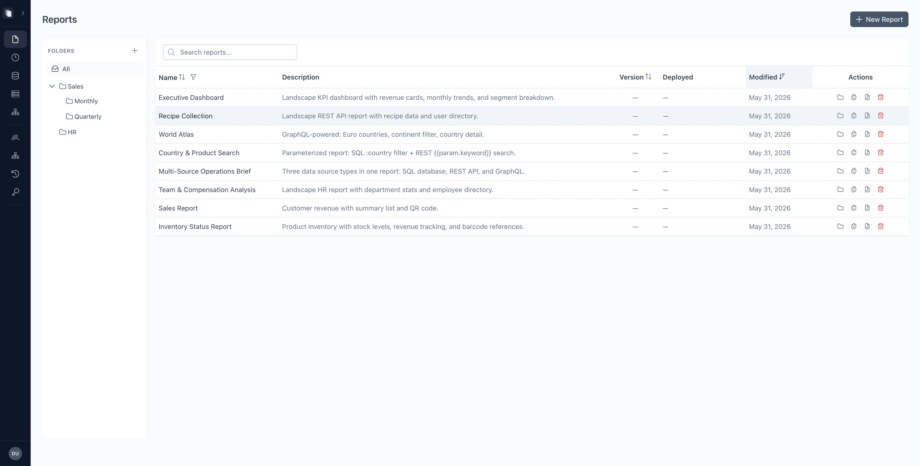 Report list with folders, search, versions, and deployment status